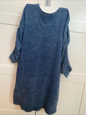 Washed Blue Midi Dress with Ruched Sleeve Detail